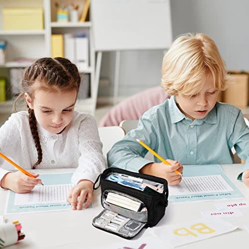 Diboniur Trousse à Crayons Scolaire Enfant, Grande Capacité avec 3 Compartiments, Papeterie Aesthetic Fourniture Scolaire Trousse Organisateur (Noir)