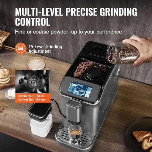 VEVOR Machine à Expresso Automatique, Cafetière Expresso avec Mousseur à Lait Automatique, Machine à Cappuccino Latte 20 Bars, avec Écran Tactile TFT, Broyeur, 15 Niveaux de Mouture, Bureau Domicile