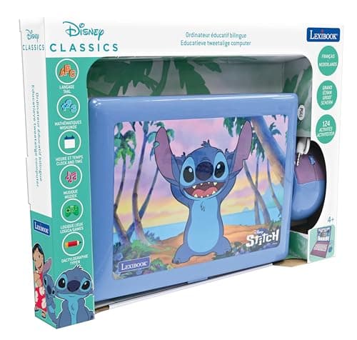 Lexibook- Disney Stitch, Ordinateur éducatif bilingue FRANÇAIS/NÉERLANDAIS, Jouet pour Enfants avec 124 activités pour Apprendre, s'amuser et Jouer du Piano, JC598Di10, Bleu
