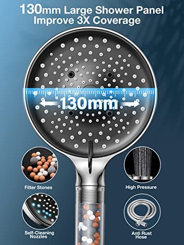 Pommeau de Duche avec tuyau 1,6M, YEAUPE PRO Pommeau de Douche Economie Deau, Pommeau de Douche Anti calcaire Grand (⌀130mm), Pommeau de Douche Haute Pression avec 6 types de jets, Chrome