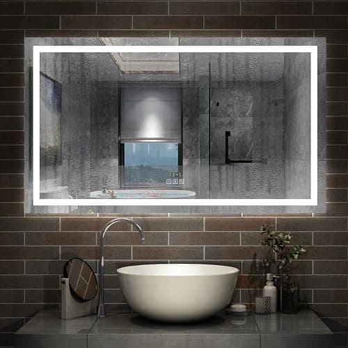 AICA Miroir de Salle de Bain LED avec Bluetooth 140x80cm, Miroir Lumineux avec Horloge + 3 Couleurs + Dimmable + Anti-buée,Miroir Mural Interrupteur Tactile Étanche