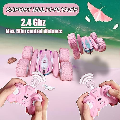 OYAKG Voiture Télécommandée,4WD Licorne Rose Voiture Telecommandé Enfant Fille 3 4 5 6 7 8 9 10 Ans Aves Radiocommandée et 2 Piles,Voiture RC 360° Flip Rotatif et Lumière,Jouet Cadeau Fille 3-12 Ans