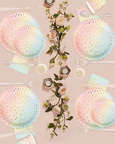 Vaisselle Jetable Anniversaire Pastel, 125 Pièces Vaisselle Jetable Decoration Anniversaire Set Comprendre Assiettes en Papier, Serviettes, Paille, Tasses pour Douche Nuptiale, Fiançailles, Mariage