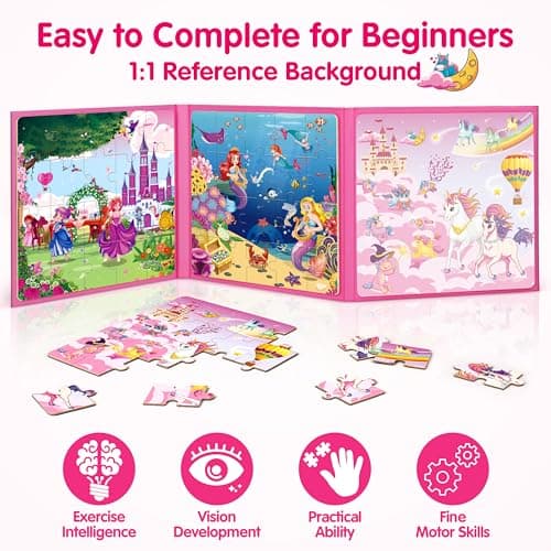 SYNARRY Puzzle Licorne Princesse Sirène Magnetique Enfants 3 4 5 6 Ans, 20 Piéces de Puzzle Voyage, Jouet pour Fille Avion Voiture Enfant 3 à 8 Ans