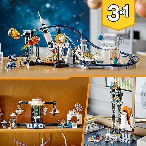 LEGO 31142 Creator Les Montagnes Russes de l’Espace, avec Tour de Chute Libre, Maquette de Manège, Jouet de Construction avec Fusée Spatiale, Planètes et Briques