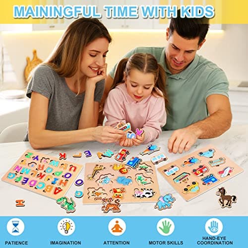 lenbest 6 pcs Puzzles en Bois pour Enfants, Montessori Jouet Bebe, Alphabet Nombre Forme Véhicules Fruit Animal Jeuets Educatifs Apprentissage pour Bébés 2 3 4 Ans Garçons Filles Cadeau Anniversaire