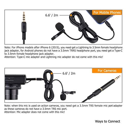 KIWIFOTOS - Microphone Lavalier Omnidirectionnel, 3.5mm TRS TRRS Microphone Lavalier Lapel pour Caméscopes pour Caméscopes PC Smartphones Caméscopes Zoom Handy Recorders (2m / 6.6 ')