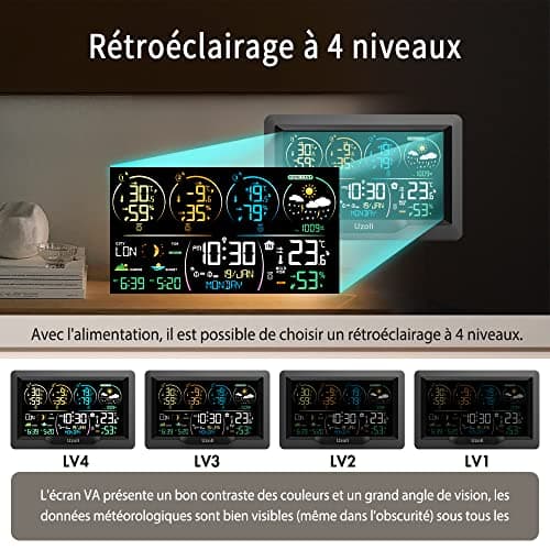Uzoli Station météo sans fil avec 3 capteur Horloge numérique Thermomètre Hygromètre intérieur extérieur Prévisions météo Pression Lever Coucher du soleil Phase lunaire Risque de moisissure - EM3390