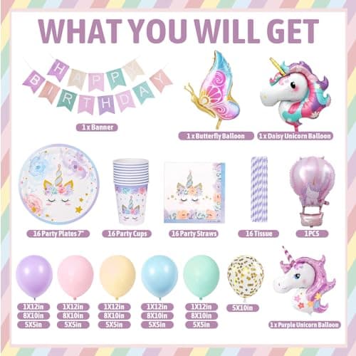 Decoration Anniversaire Licorne, 147 Pièces Assiettes Anniversaire Licorne Deco, Arche Ballon Banner Licorne Fille, Kit Anniversaire Licorne Assiettes Gobelets Serviettes Ballons pour Enfants Party