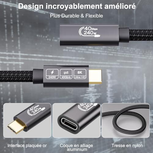 EUDOBEL Rallonge USB C 2m,40Gbps Cable Rallonge USB C,Mâle à Femelle USB 4 8K@60Hz,PD 3.1 240W 5A Cable Extension USB C Nylon Tressé Compatible avec Thunderbolt 4/3,MacBook,iPhone 15Pro,MacBook