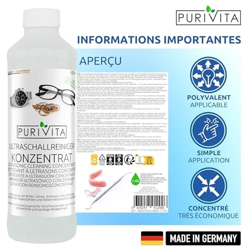 PURIVITA - Concentré de Nettoyant liquide pour produits ultrason - Multi-usages - Nettoyeur Bijoux, lunettes et bien plus encore - nettoyant ultrason - 500 ml