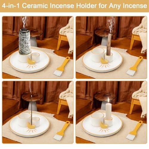 4 en 1 Porte Encens, Porte-Encens en Céramique Lisse Support Palo Santo Méditation Brûleur D'encens pour Bâtons Plateau Collecteur Cendres en Céramique pour Yoga, méditation, Room Décor