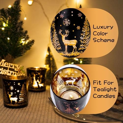 Toptime Set de 3 Bougeoir Noel, Photophore en Verre Noir et Doré pour Centre de Table Noel, Pot en Verre pour Bougie avec Arbre de Noël, Renne, Flocons de Neige, Photophore Bougie pour Le Nouvel an