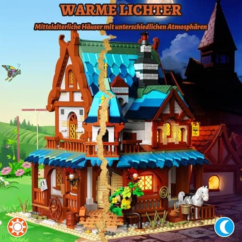 Joellfuner Médiéval Maison Construction Ensemble, Ensemble de Briques de Construction, Médiéval Lot de Blocs de Construction avec LED lumière pour Enfants Garçons Filles Agés 14+ (Hôtels Médiévaux)