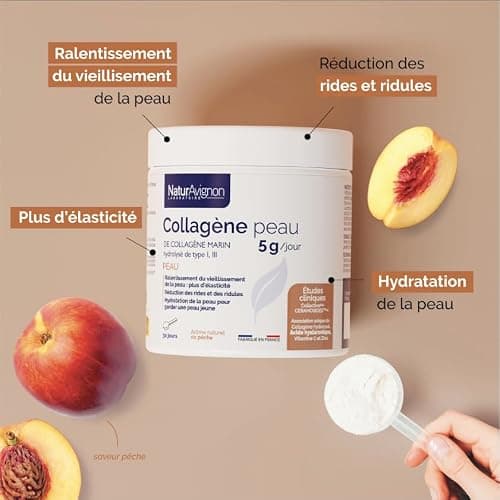 Laboratoire NaturAvignon Collagene marin hydrolysé type 1&3 | Beauté de la peau, rides, hydratation | Collagene et acide hyaluronique | collagene marin poudre 5g par portion | Fabriqué en France 210g