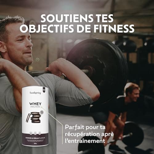 foodspring - Poudre de protéines whey Cookies&Cream - Avec 23 g de protéines de croissance musculaire, solubilité parfaite, ultra-filtrée et riche en BCAA et EAA - goût complet et délicieux (750 g)