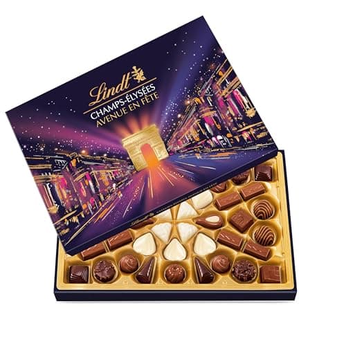 Lindt - Boîte CHAMPS-ÉLYSÉES Édition Avenue en Fête - Assortiment de Chocolats au Lait, Noirs et Blancs - Pralinés, Croustillants et Onctueux - Idéal pour Noël, 467g