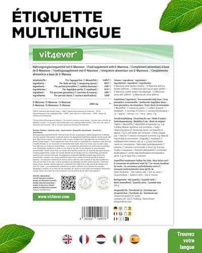 Poudre de D-mannose - 250 g - (4,1 mois d'approvisionnement) - Issu de la fermentation végétale - Pur & naturel - Sans additif - Vegan