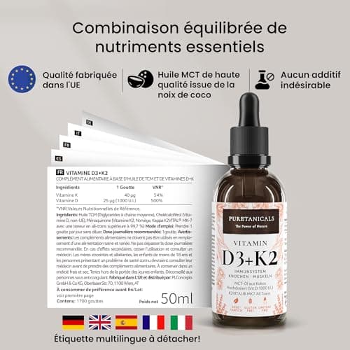 Vitamine D3+K2 Gouttes (50ml) - 1000 IE par Goutte testée en laboratoire - Longue Conservation avec 1700 gouttes - dans de l'huile MCT de Noix de Coco Naturelle, Cholécalciférol Liquide