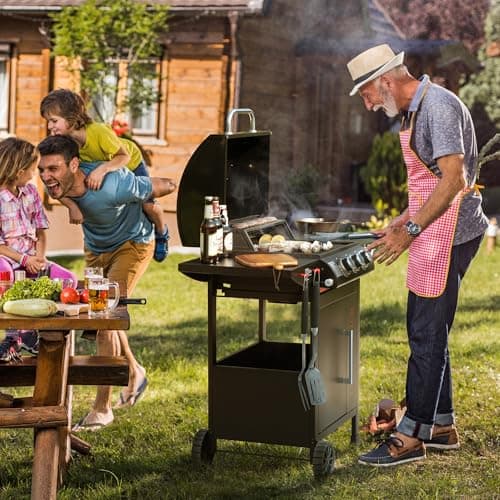 Royal Gourmet Barbecue Gaz à 3+1 Brûleurs en Acier Inoxydable, Gril à Gaz sur Chariot de Puissance 11,5 KW avec Tablette et Thermomètre, 2 Roues et 1 Porte, Adapté pour Jardin et Extérieure, Noir
