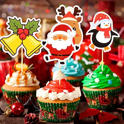 KEELYY Noël Cupcake Topper 30 Pcs Decoration Gateau Noel Santa Deer Tree Cloches Joyeux Noël Drap Cure-Dents, pour Décorer Dessert Gâteau De Noël Fête