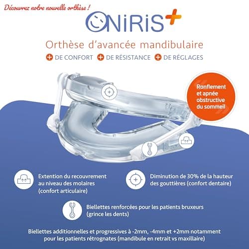 ONIRIS + Orthèse Anti Ronflement - Validé Cliniquement pour l Apnée Du Sommeil - Made in France - Gouttière dentaire - Orthèse d avancée Mandibulaire – Agit sur les causes d’un Mauvais Sommeil.
