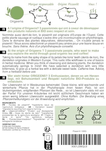 ORIGEENS TISANE PISSENLIT BIO 100g Origine Europe | Infusion pissenlit bio, tisane detox et diurétique | Feuilles de pissenlit bio
