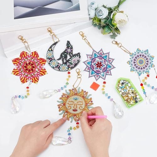 Yoaeyok 3 Pièces Kits de Broderie Diamant Attrape Rêves de Peinture au Diamant 5D DIY Diamond Painting Carillon à Vent Attrape Soleil Strass Pendentif pour Décoration de Maison de Jardin