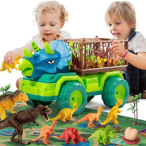 Jouet de Camion de Dinosaure pour Enfants de 3 à 5 Ans, Camion Transporteur de Voiture Triceratops avec 8 Figurines Dino, Tapis de Jeu de Dinosaure de Capture pour garçons