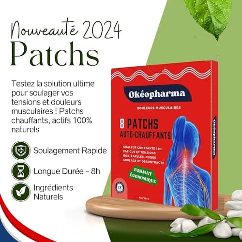 Patch Chauffant Okéopharma - adhésifs - Décontractant Musculaire Efficace pour dos, épaules, Nuque - Chaleur Confortable et Constante 12h - Pansement naturel à base de Camphre - Format économique