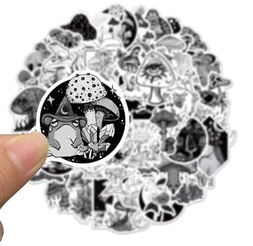 Goth Style Mushroom Lot de 50 autocollants gothiques esthétiques noirs et blancs imperméables en vinyle décoratif petits autocollants pour guitare, bouteille d'eau, bagages, tablette, téléphone,