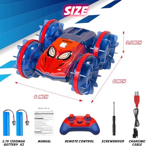 MYDOVA Voiture Telecommandé Enfant Tout Terrain Amphibie, 2.4 GHz Proportionnelle 20+ KM/H Hobby Offroad Monster RC Truck, 360°& 180°Rotation étanche