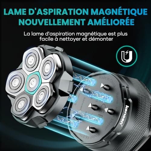 Kensen Rasoir Tete Chauve Homme 6D Rasoir Electriques Hommes Cheveux Rasoir Crane Homme Chauve IPX6 Étanche Tondeuse Crane Chauve Rotatives avec Écran LED Type-C Utilisation sans Fil 160mins Wet & Dry