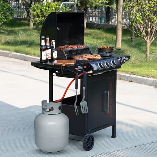 Royal Gourmet Barbecue Gaz à 3+1 Brûleurs en Acier Inoxydable, Gril à Gaz sur Chariot de Puissance 11,5 KW avec Tablette et Thermomètre, 2 Roues et 1 Porte, Adapté pour Jardin et Extérieure, Noir