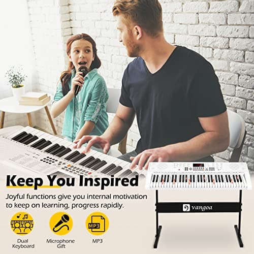 Vangoa Clavier électronique 61 Lumineuses Touches avec Support de Clavier de Piano, Microphone, 600 Timbres, 400 Rythmes, 30 Démos, Blanc