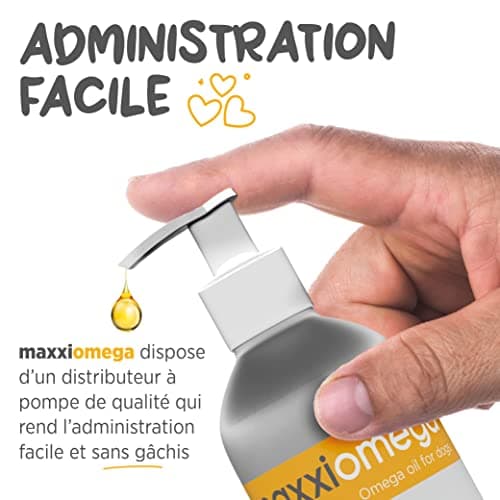 maxxipaws | maxxiomega | Huile Oméga Avancée pour Chiens | pour Une Peau Saine et Un Pelage Brillant | Pompe Facile à Utiliser | Oméga 3, 6 et 9 Plus Vitamines et Biotine | 296 ML