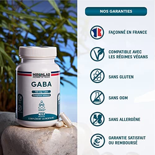 GABA Pur 750mg | Anti stress adulte enrichie en Magnésium & Vitamine B6 | 120 gélules – 2 mois | Favorise Sommeil, Sérénité et Détente | Laboratoire Français MIRONLAB