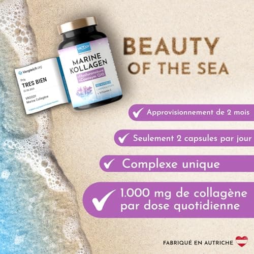 Premium Collagène Marin Complex 1000mg hautement dosé + Acide Hyaluronique - 120 Caps + Coenzyme Q10, Zinc, Cuivre, Manganèse, Vitamines C, Biotine - Sans additifs, Fabriqué en Autriche par VROODY