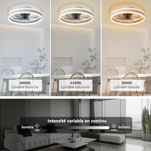 MOSSCO Silencieux Ventilateur Plafond 50 cm, Ventilateur de Plafond avec Telecommande, 6 Vitesses et vent Réversible,LED Dimmable, 3 Températures de Couleur en Option