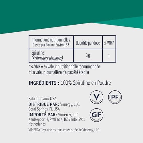 Vimergy Spiruline Poudre – Facile à Digérer – Poudre à Absorption Rapide –Végétalien – Formulé sans Agents Anti-Agglomérants, Additifs, Arômes ou Sucre - Sans OGM et sans Gluten