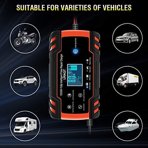 URAQT Mainteneur de Chargeur de Batterie Intelligent 8A 12V/24V avec LCD Tactile Écran Protections Multiples de Réparation pour Voiture, Camion/AGM/Gel/Wet/SLA