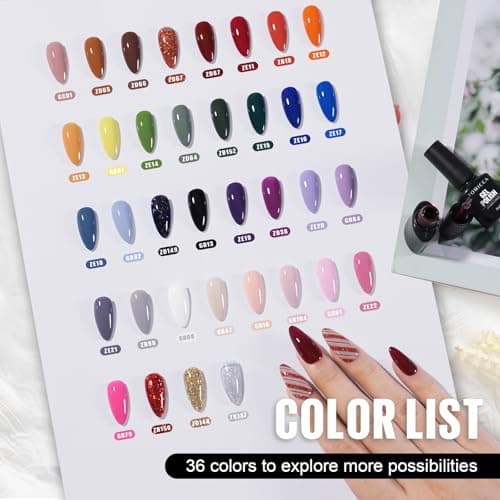 TOMICCA 42PCS Kit Vernis Semi Permanent Automn, 36 Couleurs + 1 Base + 1 No Wipe Top Coat + 1 Top Coat Matte + 1 Blooming Gel + 2 Présentoir à Clous Rond, Lot Gel Semi Permanent UV/LED