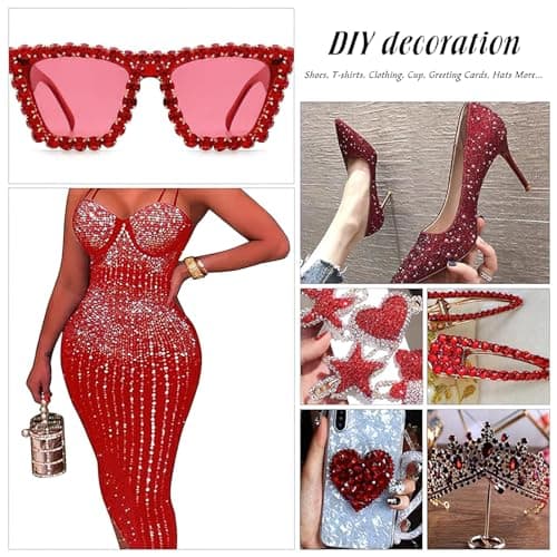 YHMQ DU 6616 Pièces Chemise en Tissu de Verre Cristal Strass Hotfix Rouge Foncé pour Vêtements Dos Plat Étincelant Rond avec Pince à Épiler et Stylo pour Collection (Ensemble SS6 ~ SS30)