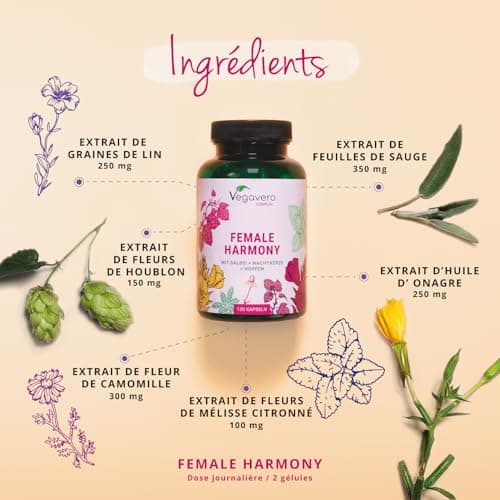 Vegavero Complexe MÉNOPAUSE | 100% Naturel & SANS HORMONES | Sauge, Onagre, Houblon, Camomille et Igname | 120 Gélules Vegan | Bouffées de Chaleur + Fatigue + Équilibre Hormonal & Emotionnel