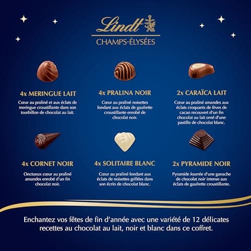 Lindt - Boîte CHAMPS-ÉLYSÉES Assorti - Assortiment de Chocolats au Lait, Noirs et Blancs - Pralinés, Croustillants et Onctueux - Idéal pour Noël, 469g