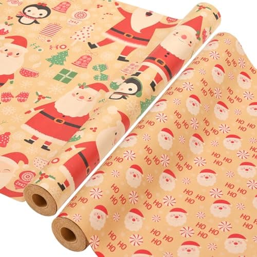 AhfuLife 2 Rouleau Kraft Papier Cadeau Noël, 43cm×15m Recyclable Papier Emballage Cadeaux Noel avec Motifs Fins pour Enfant Emballage des Cadeaux, Décor de Noël(C : Hoho/Père Noël)