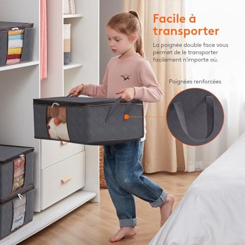 Lifewit Lot de 3 Sac de Rangement Vetement 35L, Boîte de Rangement sous lit Pliable, Housse Rangement Couette Organisateur de Placard, Fenêtre Transparente en Tissu Solide pour Les Vêtements, Gris