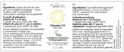 Vitamine D3 naturelle en gouttes supplément | vitamine D enfants - bébé – adultes – femme enceinte | 500 UI par goutte - Flacon 20ML | Vitamine D Végétale Vegan Lichen - huile de coco | Optim D3