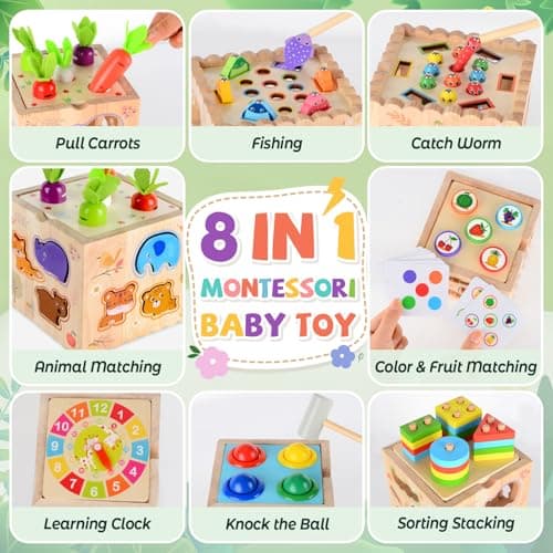 Jeux Montessori 1 an, 8 en 1 Jouet Bebe 1 an-4 ans, Jouet Enfant 2 ans Jouet Montessori, Cadeau Enfant 1 an, Jouet en Bois, Noël Pâques Cadeaux d'anniversaire, Jouet en Bois de Ferme et de Pâturage