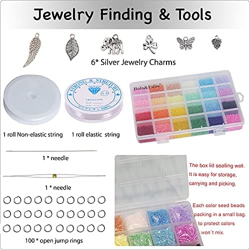 Bala&Fillic Size 2mm 12/0 Glass Seed Beads About 21600pcs in Box with Beading Tool,Small Craft Seed Beads for Jewelry Making 24 Colors petites perles de rocaille pour la fabrication de bijoux